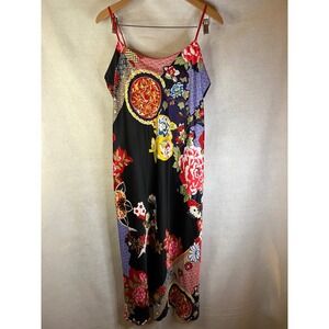 Natori Floral Printed Satin Ankle Length Slip Dress Nightgown Large Black Red